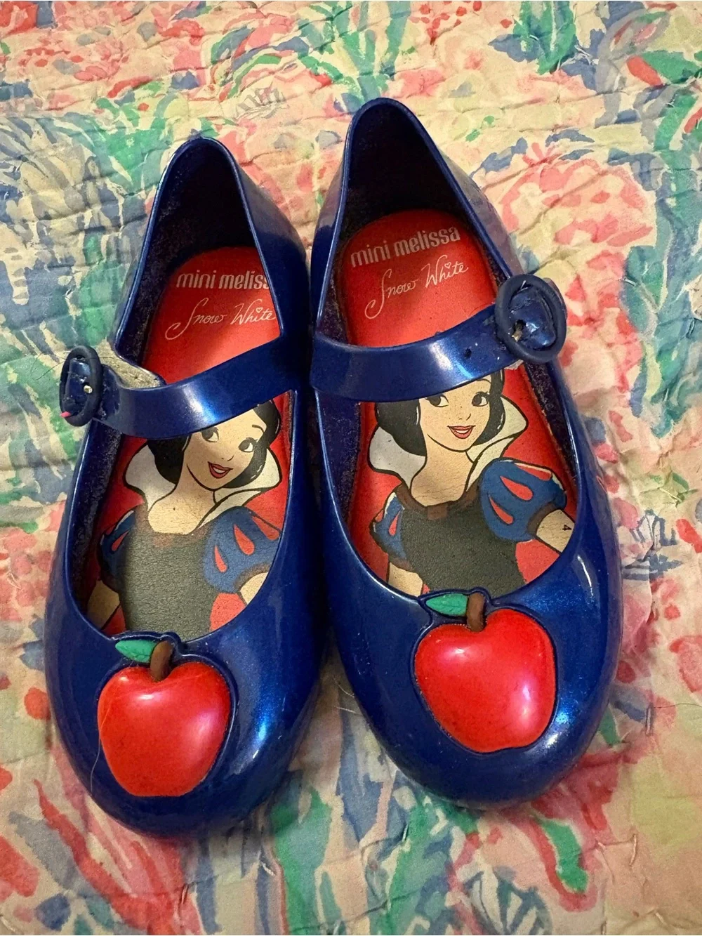 Mini Melissa Blue Mary Jane Kids Shoes with Red Apple Accent